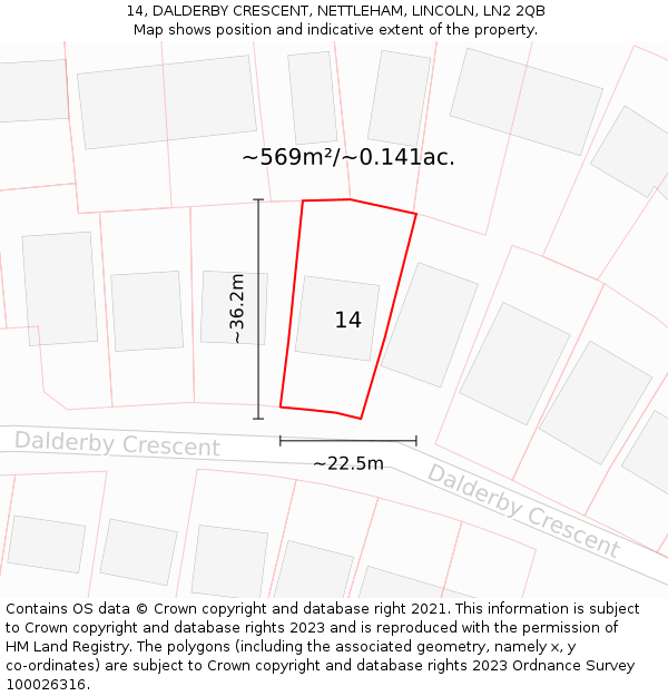 14, DALDERBY CRESCENT, NETTLEHAM, LINCOLN, LN2 2QB: Plot and title map