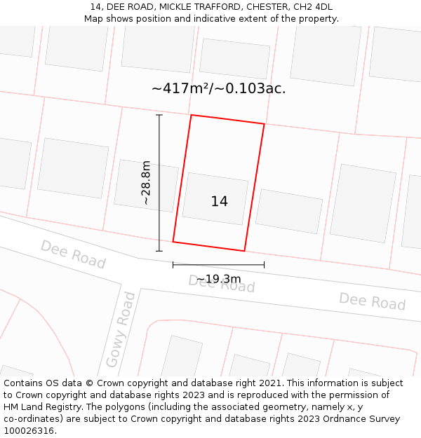 14, DEE ROAD, MICKLE TRAFFORD, CHESTER, CH2 4DL: Plot and title map