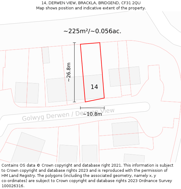 14, DERWEN VIEW, BRACKLA, BRIDGEND, CF31 2QU: Plot and title map