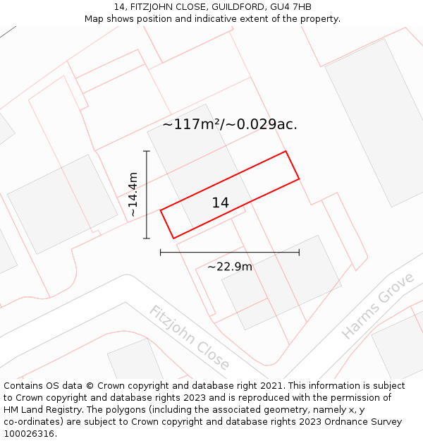 14, FITZJOHN CLOSE, GUILDFORD, GU4 7HB: Plot and title map