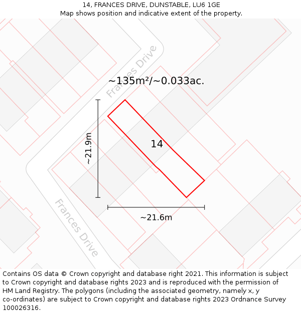 14, FRANCES DRIVE, DUNSTABLE, LU6 1GE: Plot and title map