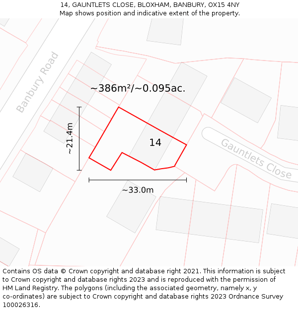 14, GAUNTLETS CLOSE, BLOXHAM, BANBURY, OX15 4NY: Plot and title map