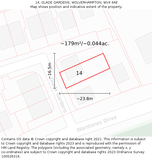 14, GLADE GARDENS, WOLVERHAMPTON, WV4 4AE: Plot and title map