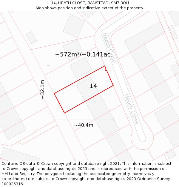 14, HEATH CLOSE, BANSTEAD, SM7 3QU: Plot and title map