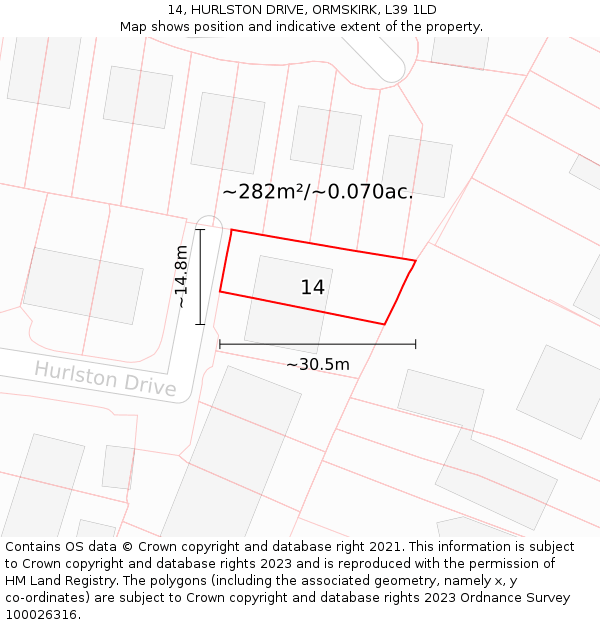 14, HURLSTON DRIVE, ORMSKIRK, L39 1LD: Plot and title map