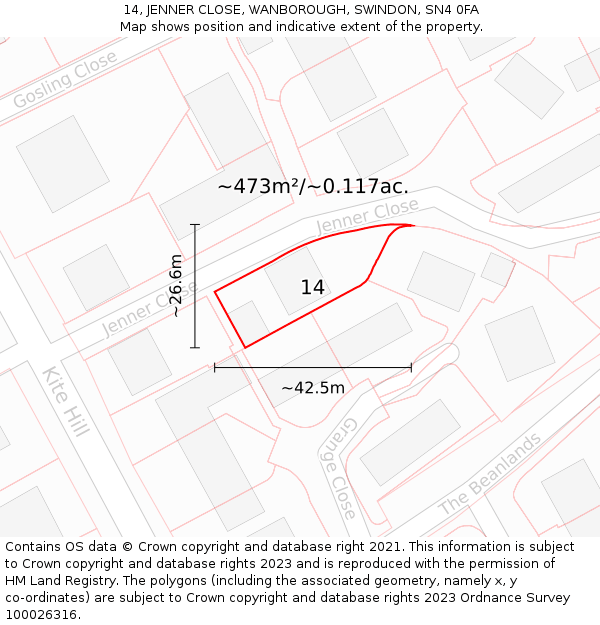 14, JENNER CLOSE, WANBOROUGH, SWINDON, SN4 0FA: Plot and title map