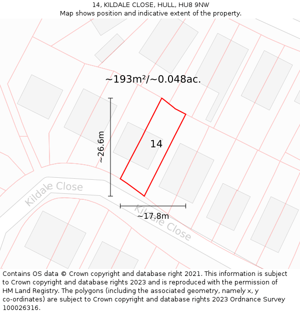 14, KILDALE CLOSE, HULL, HU8 9NW: Plot and title map