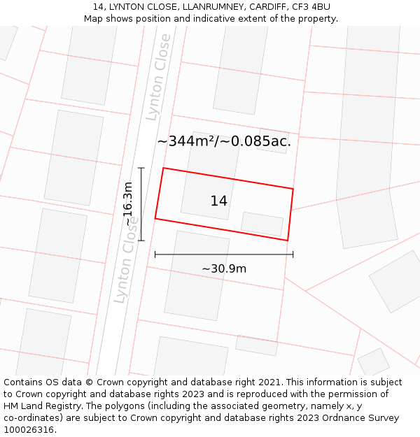 14, LYNTON CLOSE, LLANRUMNEY, CARDIFF, CF3 4BU: Plot and title map
