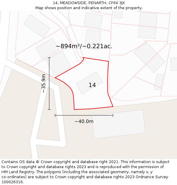 14, MEADOWSIDE, PENARTH, CF64 3JX: Plot and title map