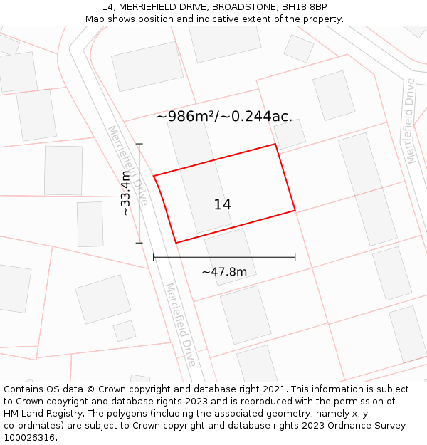 14, MERRIEFIELD DRIVE, BROADSTONE, BH18 8BP: Plot and title map