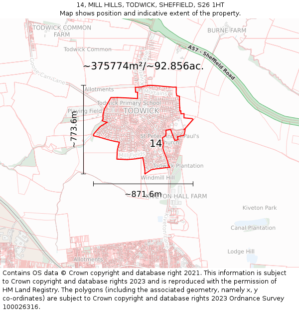 14, MILL HILLS, TODWICK, SHEFFIELD, S26 1HT: Plot and title map