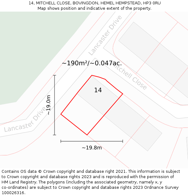 14, MITCHELL CLOSE, BOVINGDON, HEMEL HEMPSTEAD, HP3 0RU: Plot and title map