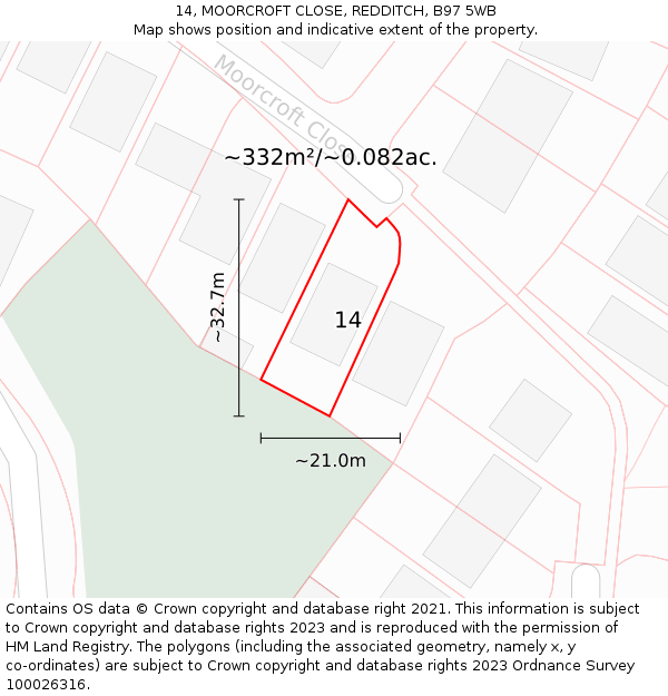 14, MOORCROFT CLOSE, REDDITCH, B97 5WB: Plot and title map