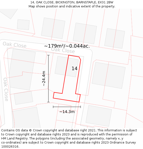 14, OAK CLOSE, BICKINGTON, BARNSTAPLE, EX31 2BW: Plot and title map