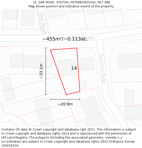 14, OAK ROAD, STILTON, PETERBOROUGH, PE7 3RB: Plot and title map