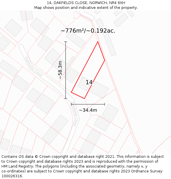 14, OAKFIELDS CLOSE, NORWICH, NR4 6XH: Plot and title map