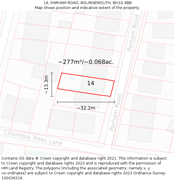14, PARHAM ROAD, BOURNEMOUTH, BH10 4BB: Plot and title map