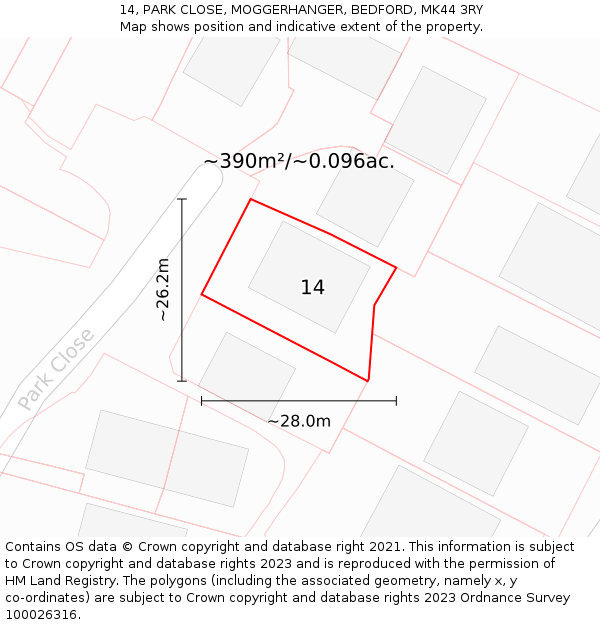 14, PARK CLOSE, MOGGERHANGER, BEDFORD, MK44 3RY: Plot and title map