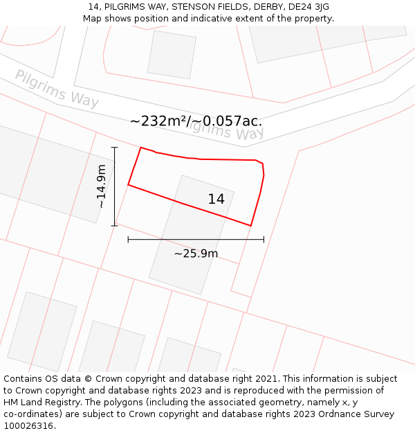 14, PILGRIMS WAY, STENSON FIELDS, DERBY, DE24 3JG: Plot and title map