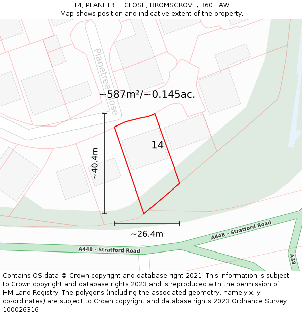 14, PLANETREE CLOSE, BROMSGROVE, B60 1AW: Plot and title map