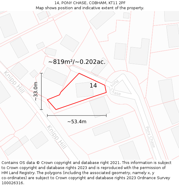 14, PONY CHASE, COBHAM, KT11 2PF: Plot and title map