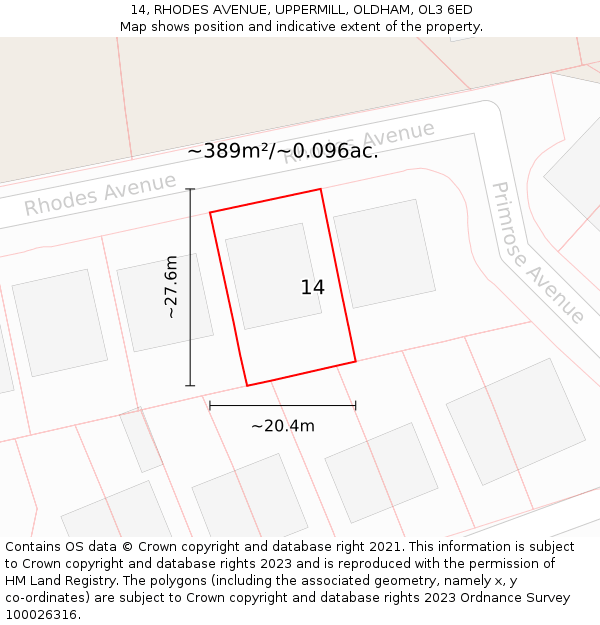 14, RHODES AVENUE, UPPERMILL, OLDHAM, OL3 6ED: Plot and title map