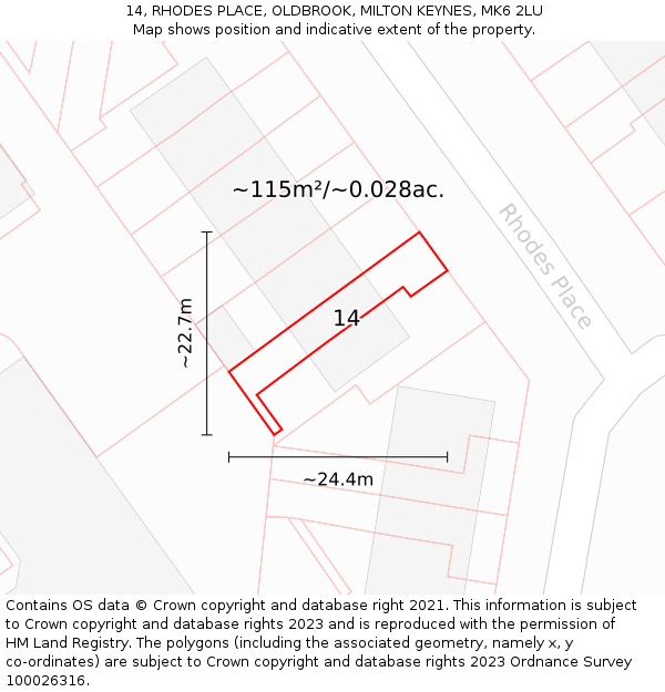 14, RHODES PLACE, OLDBROOK, MILTON KEYNES, MK6 2LU: Plot and title map