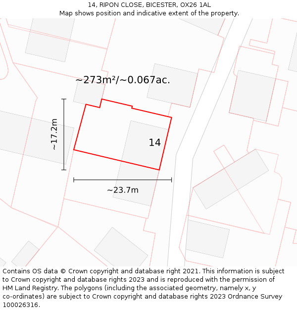 14, RIPON CLOSE, BICESTER, OX26 1AL: Plot and title map