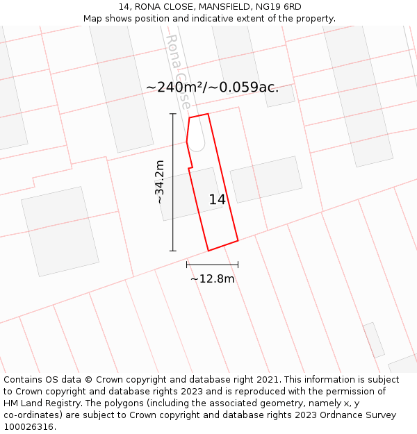 14, RONA CLOSE, MANSFIELD, NG19 6RD: Plot and title map