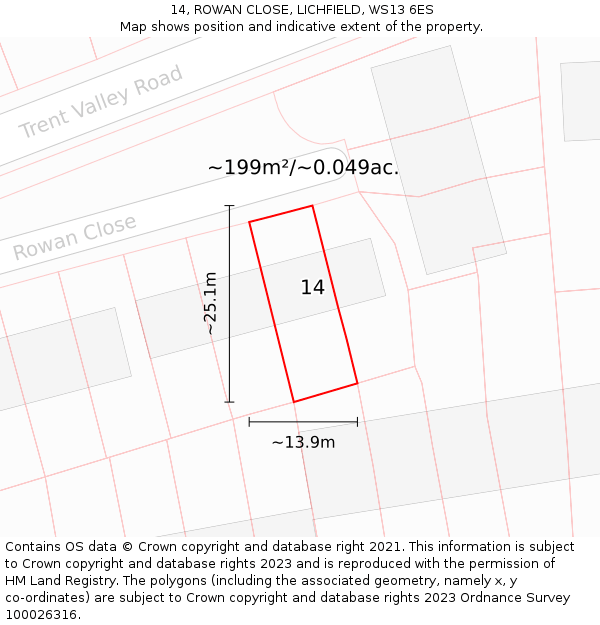 14, ROWAN CLOSE, LICHFIELD, WS13 6ES: Plot and title map