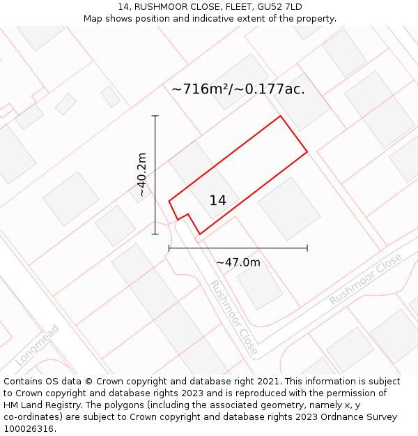 14, RUSHMOOR CLOSE, FLEET, GU52 7LD: Plot and title map
