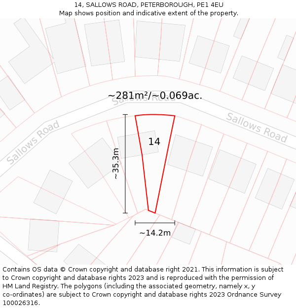 14, SALLOWS ROAD, PETERBOROUGH, PE1 4EU: Plot and title map