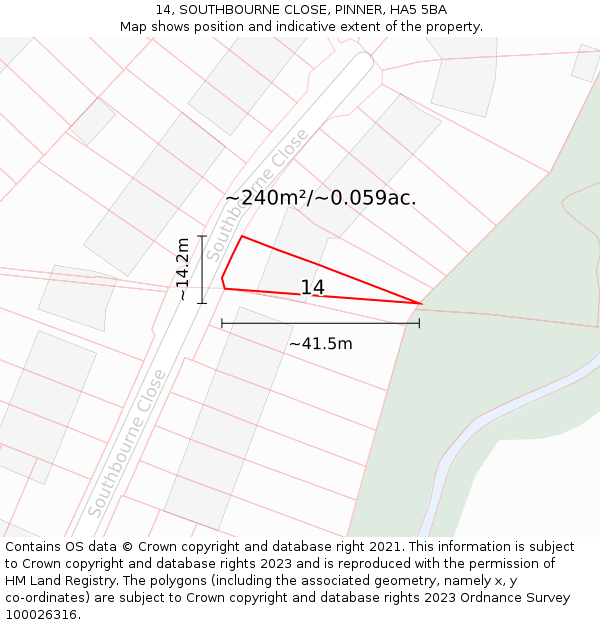 14, SOUTHBOURNE CLOSE, PINNER, HA5 5BA: Plot and title map