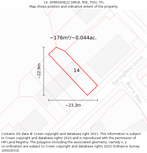 14, SPRINGFIELD DRIVE, RYE, TN31 7FL: Plot and title map
