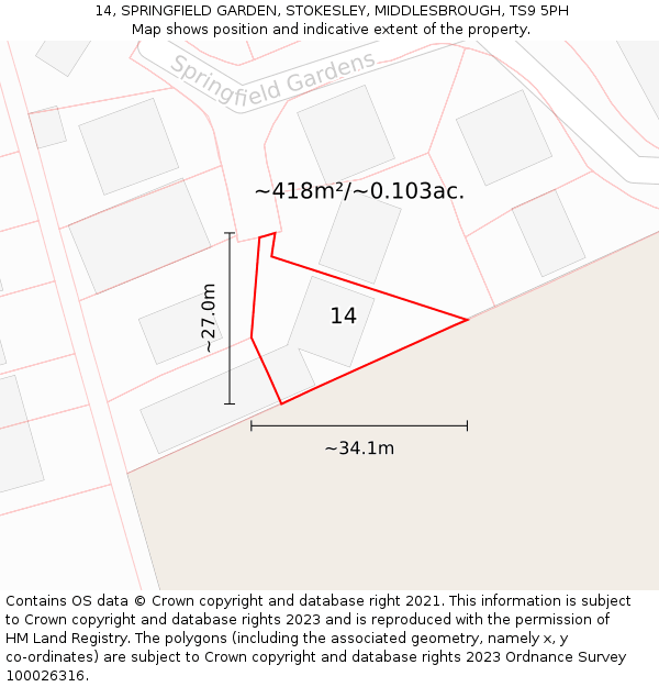 14, SPRINGFIELD GARDEN, STOKESLEY, MIDDLESBROUGH, TS9 5PH: Plot and title map