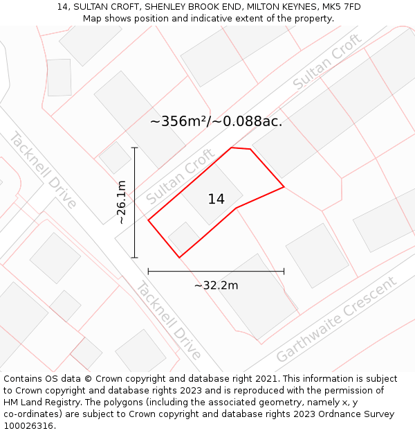 14, SULTAN CROFT, SHENLEY BROOK END, MILTON KEYNES, MK5 7FD: Plot and title map