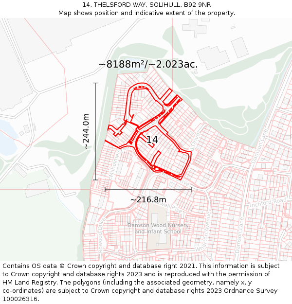 14, THELSFORD WAY, SOLIHULL, B92 9NR: Plot and title map
