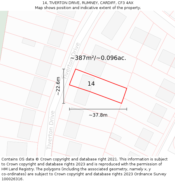 14, TIVERTON DRIVE, RUMNEY, CARDIFF, CF3 4AX: Plot and title map