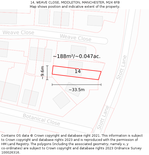 14, WEAVE CLOSE, MIDDLETON, MANCHESTER, M24 6FB: Plot and title map