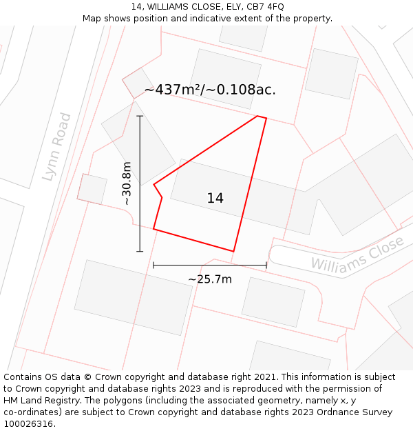 14, WILLIAMS CLOSE, ELY, CB7 4FQ: Plot and title map