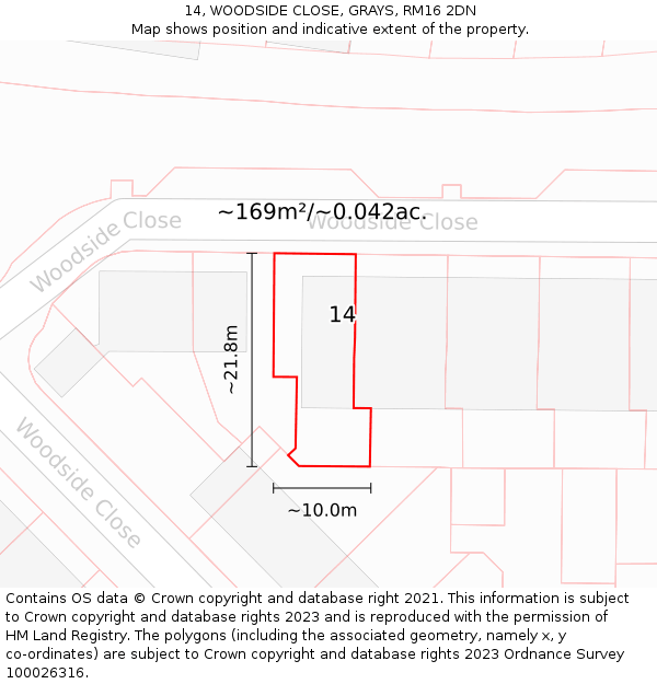 14, WOODSIDE CLOSE, GRAYS, RM16 2DN: Plot and title map