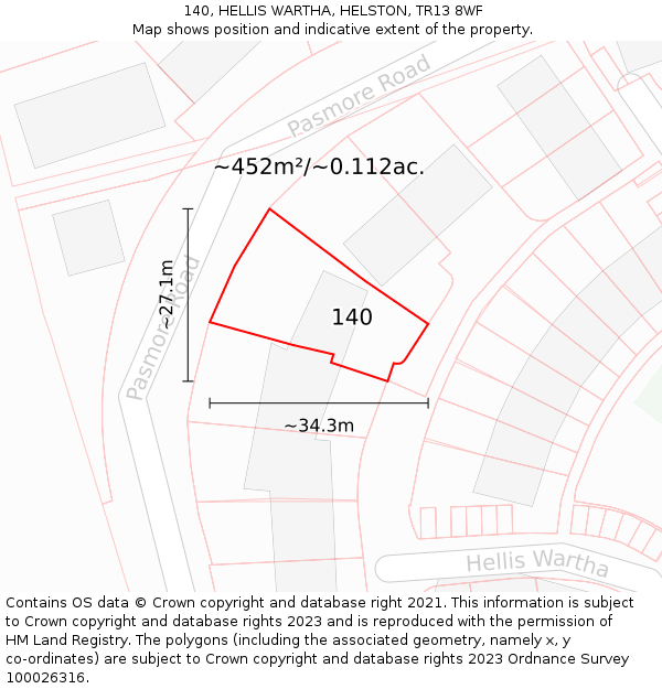 140, HELLIS WARTHA, HELSTON, TR13 8WF: Plot and title map