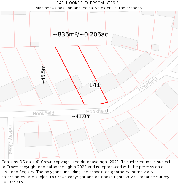 141, HOOKFIELD, EPSOM, KT19 8JH: Plot and title map