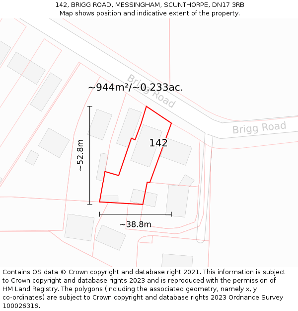 142, BRIGG ROAD, MESSINGHAM, SCUNTHORPE, DN17 3RB: Plot and title map