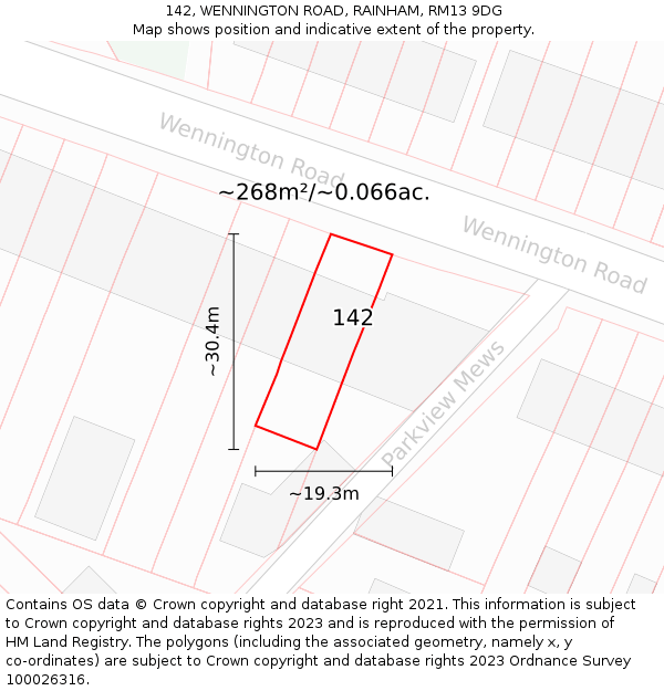 142, WENNINGTON ROAD, RAINHAM, RM13 9DG: Plot and title map