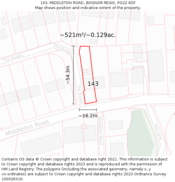 143, MIDDLETON ROAD, BOGNOR REGIS, PO22 6DF: Plot and title map