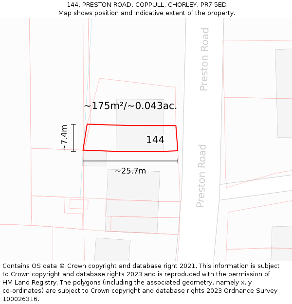 144, PRESTON ROAD, COPPULL, CHORLEY, PR7 5ED: Plot and title map