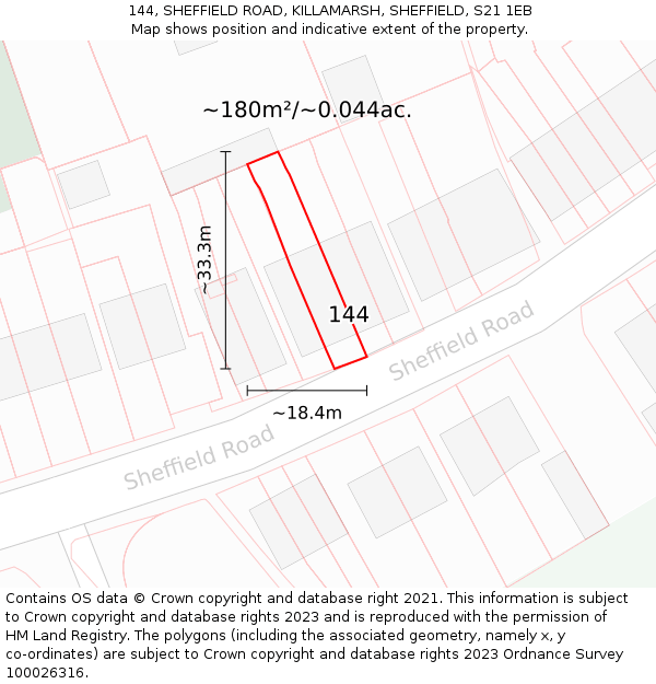 144, SHEFFIELD ROAD, KILLAMARSH, SHEFFIELD, S21 1EB: Plot and title map