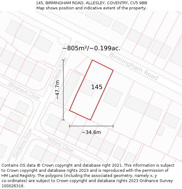 145, BIRMINGHAM ROAD, ALLESLEY, COVENTRY, CV5 9BB: Plot and title map