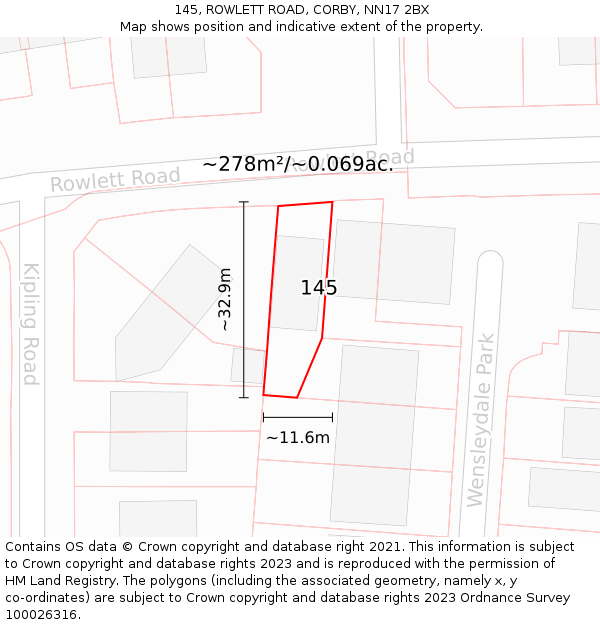 145, ROWLETT ROAD, CORBY, NN17 2BX: Plot and title map